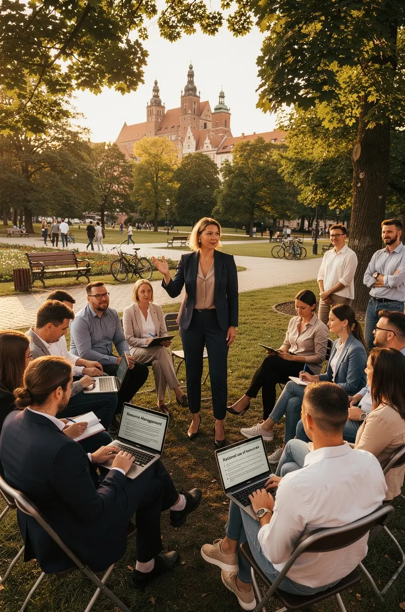 Ekspert tłumaczący strategię optymalizacji zasobów podczas szkolenia dla pracowników.